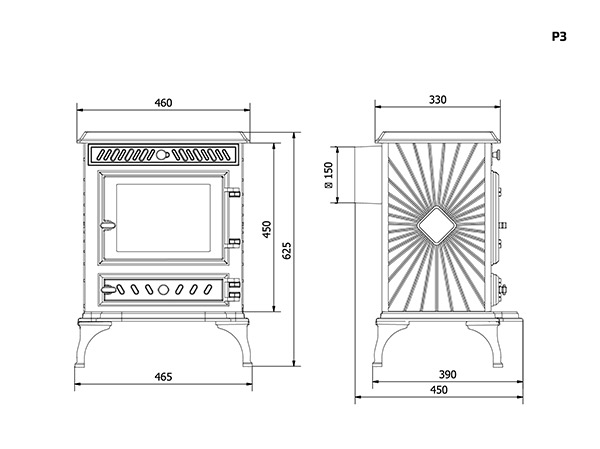 Габариты печь-камина KAWMET P3 EKO