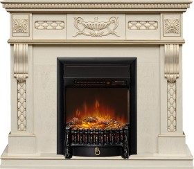 Каминокомплект Corsica Слоновая кость с патиной (Ширина 1100) с очагом Royal Flame Fobos FXM Black RC