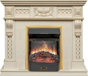 Каминокомплект Corsica Слоновая кость с патиной (Ширина 1100) с очагом Royal Flame Majestic FX Brass