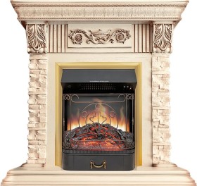 Каминокомплект Luxemburg (камень) Сланец/Cлоновая кость с патиной с очагом Royal Flame Majestic FX Brass