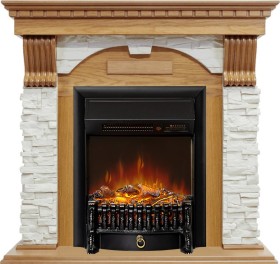 Каминокомплект Dublin Дуб / Сланец белый с очагом Royal Flame Fobos FXM Black RC