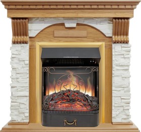 Каминокомплект Dublin Дуб / Сланец белый с очагом Royal Flame Majestic FX Brass