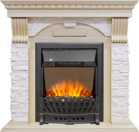 Каминокомплект Dublin Слоновая кость с патиной / Сланец крем с очагом Royal Flame Aspen Black