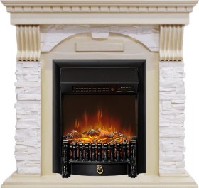 Каминокомплект Dublin Слоновая кость с патиной / Сланец крем с очагом Royal Flame Fobos FXM Black RC