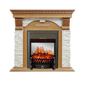 Каминокомплект Dublin Дуб / Сланец белый с очагом Royal Flame Fobos FX M Brass/Black